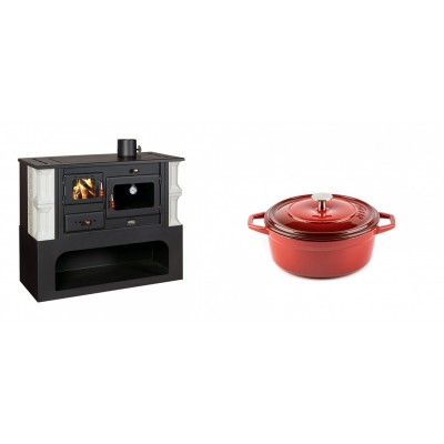 Set Küchenofen / Küchenhexe mit Backofen und Kochplatte Prity, Modell 1P34-K Dantela Rechts, Keramikverkleidung, Leistung 10.1kW + Gusseisen Topf Tiefer Solagio, Rubin, Ф12 - Kaminofen - Holzofen mit Backfach