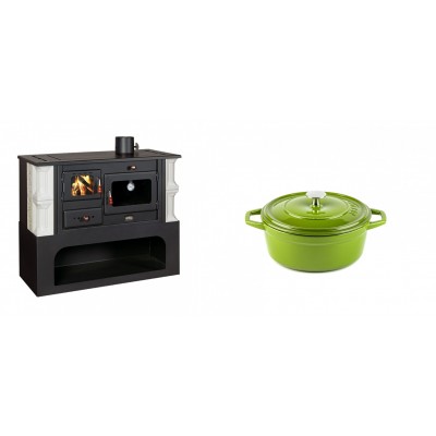 Set Küchenofen / Küchenhexe mit Backofen und Kochplatte Prity, Modell 1P34-K Dantela Rechts, Keramikverkleidung, Leistung 10.1kW + Gusseisen Topf Tiefer Solagio, Bamboo, Ф12 - Kaminofen - Holzofen mit Backfach