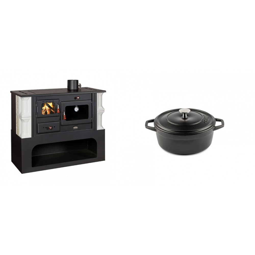 Set Küchenofen / Küchenhexe mit Backofen und Kochplatte Prity, Modell 1P34-K Dantela Rechts, Keramikverkleidung, Leistung 10.1kW + Gusseisen Topf Tiefer Solagio, Black Onyx, Ф12