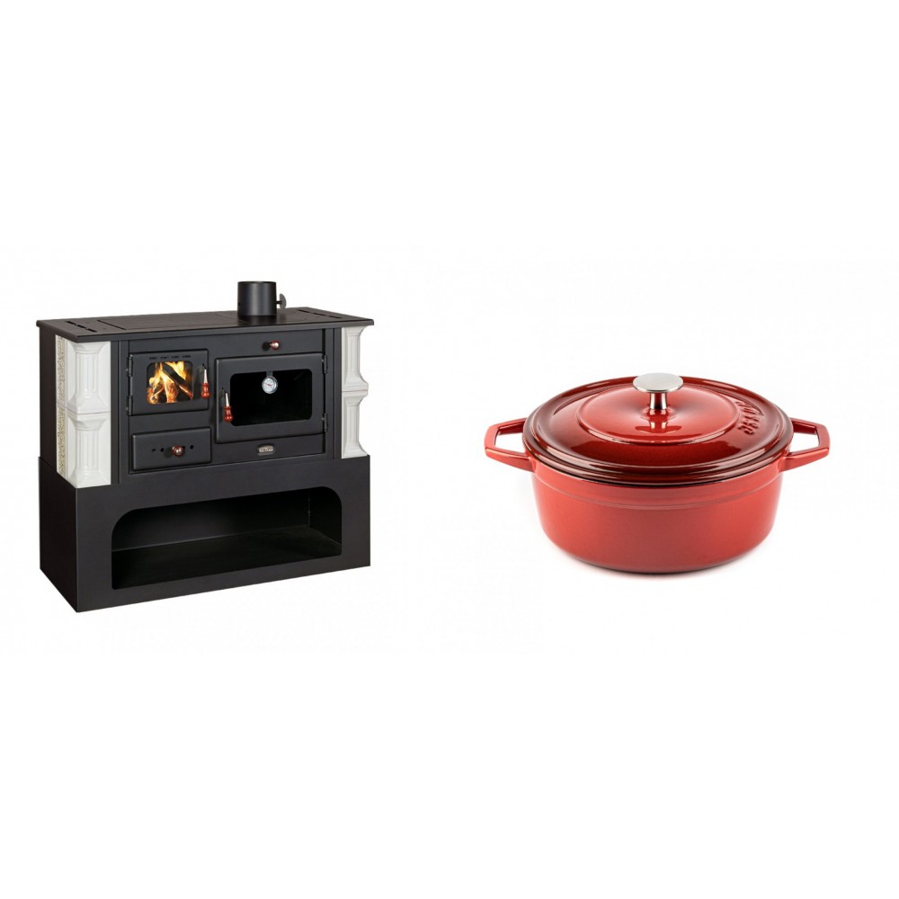 Set Küchenofen / Küchenhexe mit Backofen und Kochplatte Prity, Modell 1P34-K Dantela Rechts, Keramikverkleidung, Leistung 10.1kW + Gusseisen Topf Tiefer Solagio, Rubin, Ф20 | Kaminofen - Holzofen mit Backfach | Kaminofen |