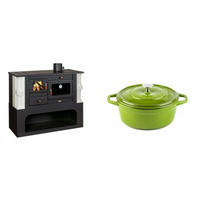 Set Küchenofen / Küchenhexe mit Backofen und Kochplatte Prity, Modell 1P34-K Dantela Rechts, Keramikverkleidung, Leistung 10.1kW + Gusseisen Topf Tiefer Solagio, Bamboo, Ф20 - Kaminofen - Holzofen mit Backfach