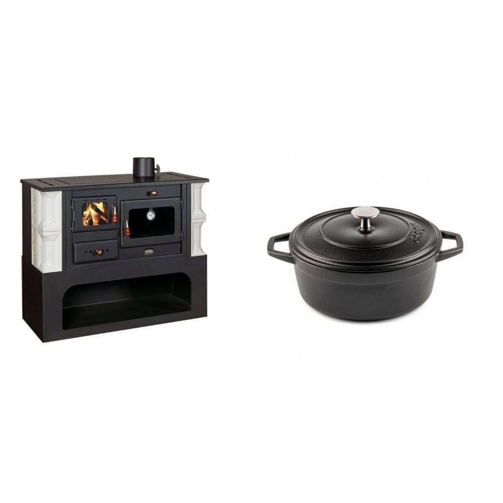 Set Küchenofen / Küchenhexe mit Backofen und Kochplatte Prity, Modell 1P34-K Dantela Rechts, Keramikverkleidung, Leistung 10.1kW + Gusseisen Topf Tiefer Solagio, Black Onyx, Ф20 | Kaminofen - Holzofen mit Backfach | Kaminofen |