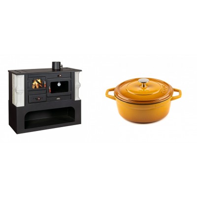 Set Küchenofen / Küchenhexe mit Backofen und Kochplatte Prity, Modell 1P34-K Dantela Rechts, Keramikverkleidung, Leistung 10.1kW + Gusseisen Topf Tiefer Solagio, Dijon, Ф20 - Kaminofen - Holzofen mit Backfach