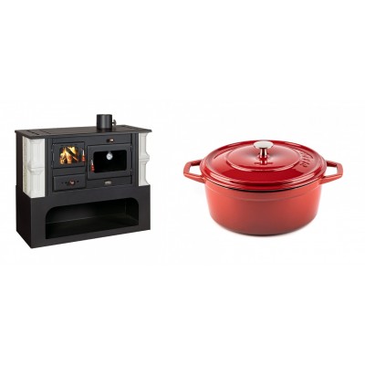 Set Küchenofen / Küchenhexe mit Backofen und Kochplatte Prity, Modell 1P34-K Dantela Rechts, Keramikverkleidung, Leistung 10.1kW + Gusseisen Topf Tiefer Solagio, Rubin, Ф24 - Kaminofen - Holzofen mit Backfach