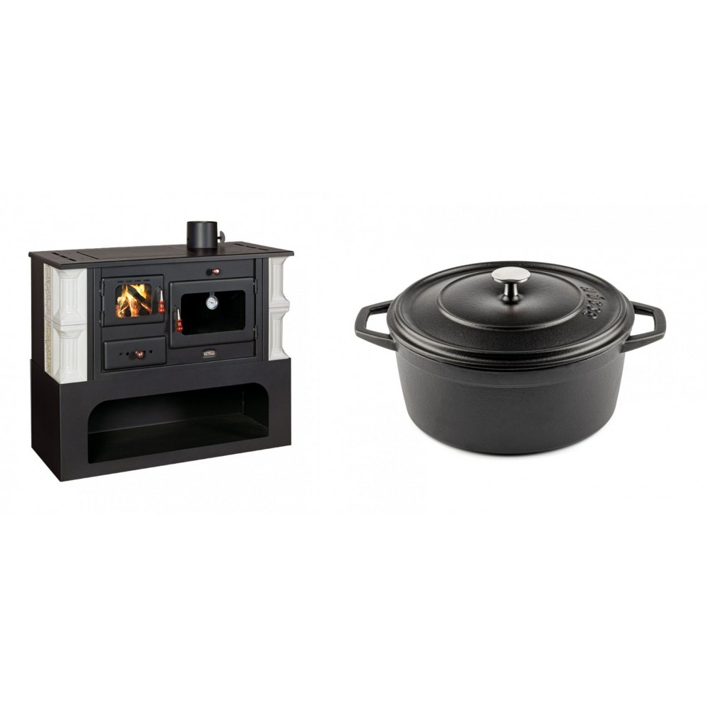 Set Küchenofen / Küchenhexe mit Backofen und Kochplatte Prity, Modell 1P34-K Dantela Rechts, Keramikverkleidung, Leistung 10.1kW + Gusseisen Topf Tiefer Solagio, Black Onyx, Ф24