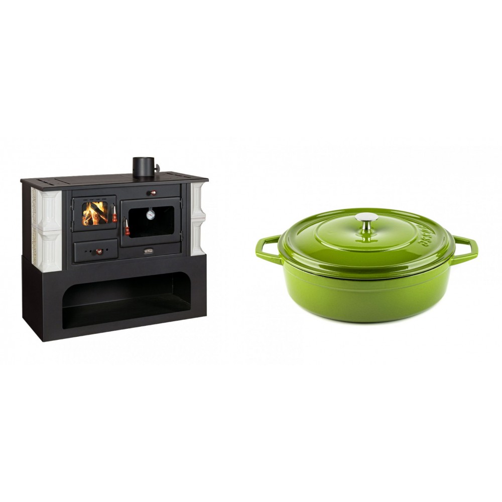 Set Küchenofen / Küchenhexe mit Backofen und Kochplatte Prity, Modell 1P34-K Dantela Rechts, Keramikverkleidung, Leistung 10.1kW + Gusseisen Topf Flach Solagio, Bamboo, Ф26 | Kaminofen - Holzofen mit Backfach | Kaminofen |