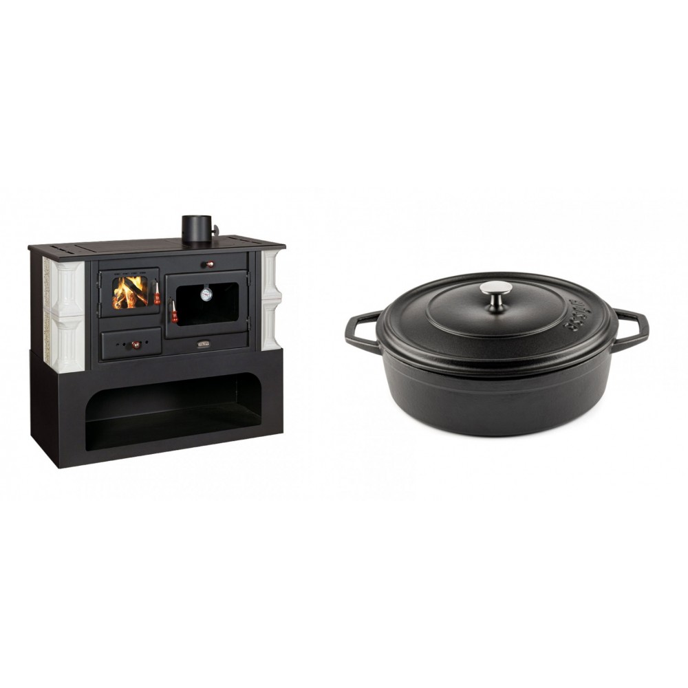 Set Küchenofen / Küchenhexe mit Backofen und Kochplatte Prity, Modell 1P34-K Dantela Rechts, Keramikverkleidung, Leistung 10.1kW + Gusseisen Topf Flach Solagio, Black Onyx, Ф26