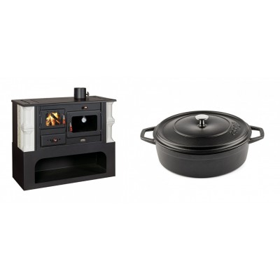 Set Küchenofen / Küchenhexe mit Backofen und Kochplatte Prity, Modell 1P34-K Dantela Rechts, Keramikverkleidung, Leistung 10.1kW + Gusseisen Topf Flach Solagio, Black Onyx, Ф26 - Kaminofen - Holzofen mit Backfach