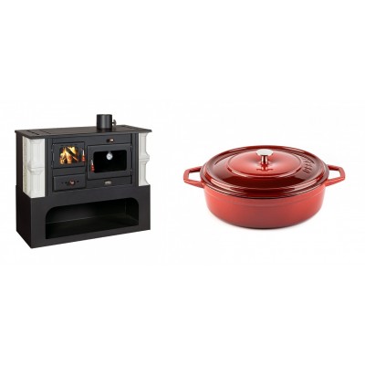 Set Küchenofen / Küchenhexe mit Backofen und Kochplatte Prity, Modell 1P34-K Dantela Rechts, Keramikverkleidung, Leistung 10.1kW + Gusseisen Topf Flach Solagio, Rubin, Ф26 - Kaminofen - Holzofen mit Backfach