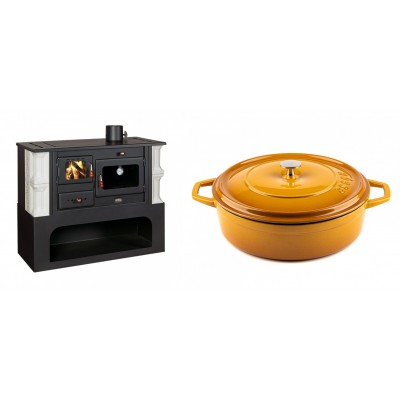 Set Küchenofen / Küchenhexe mit Backofen und Kochplatte Prity, Modell 1P34-K Dantela Rechts, Keramikverkleidung, Leistung 10.1kW + Gusseisen Topf Flach Solagio, Dijon, Ф28 - Kaminofen - Holzofen mit Backfach