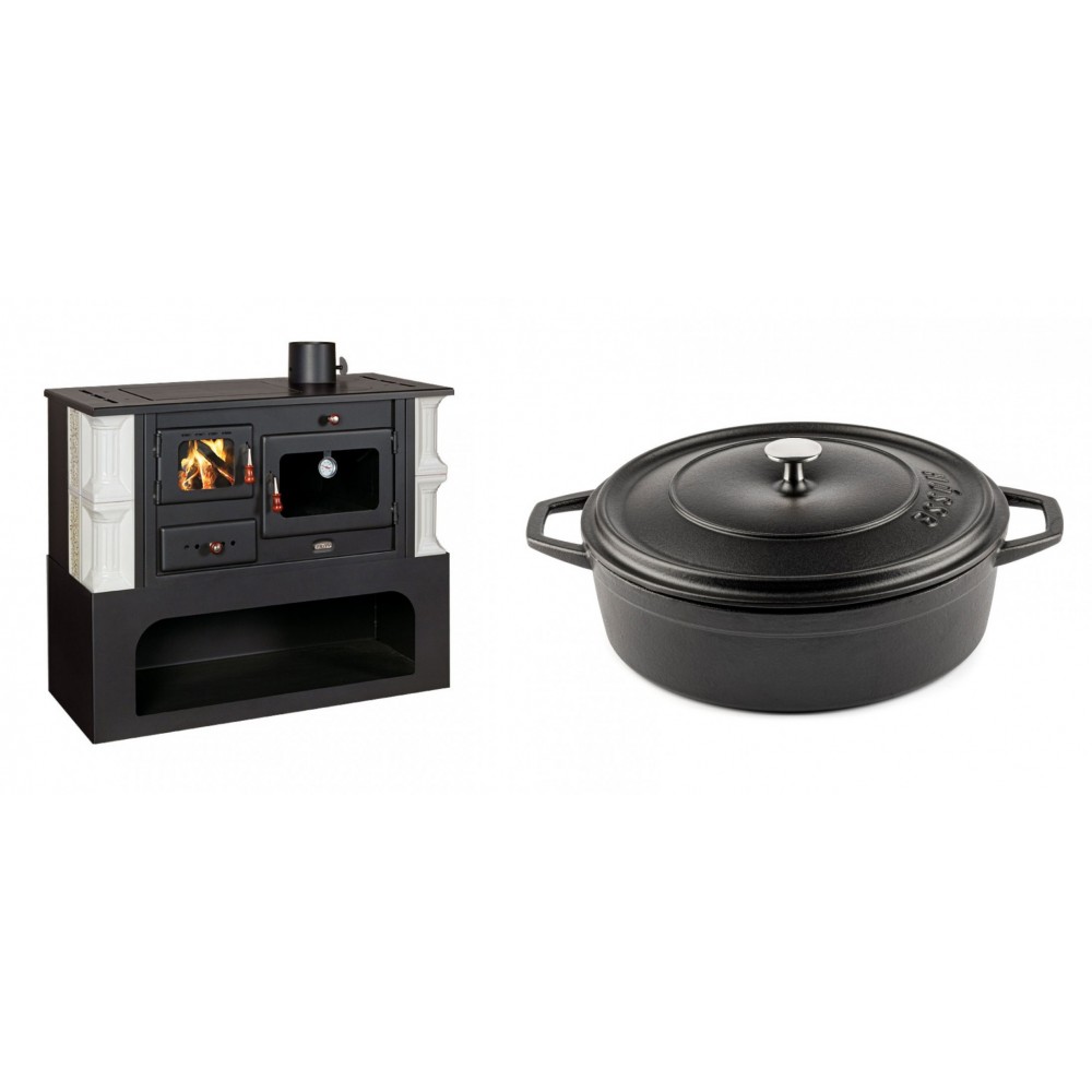 Set Küchenofen / Küchenhexe mit Backofen und Kochplatte Prity, Modell 1P34-K Dantela Rechts, Keramikverkleidung, Leistung 10.1kW + Gusseisen Topf Flach Solagio, Black Onyx, Ф28
