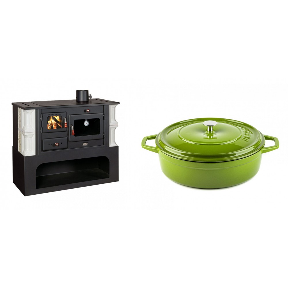 Set Küchenofen / Küchenhexe mit Backofen und Kochplatte Prity, Modell 1P34-K Dantela Rechts, Keramikverkleidung, Leistung 10.1kW + Gusseisen Topf Flach Solagio, Bamboo, Ф28 | Kaminofen - Holzofen mit Backfach | Kaminofen |