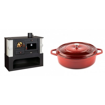 Set Küchenofen / Küchenhexe mit Backofen und Kochplatte Prity, Modell 1P34-K Dantela Rechts, Keramikverkleidung, Leistung 10.1kW + Gusseisen Topf Flach Solagio, Rubin, Ф28 - Kaminofen - Holzofen mit Backfach