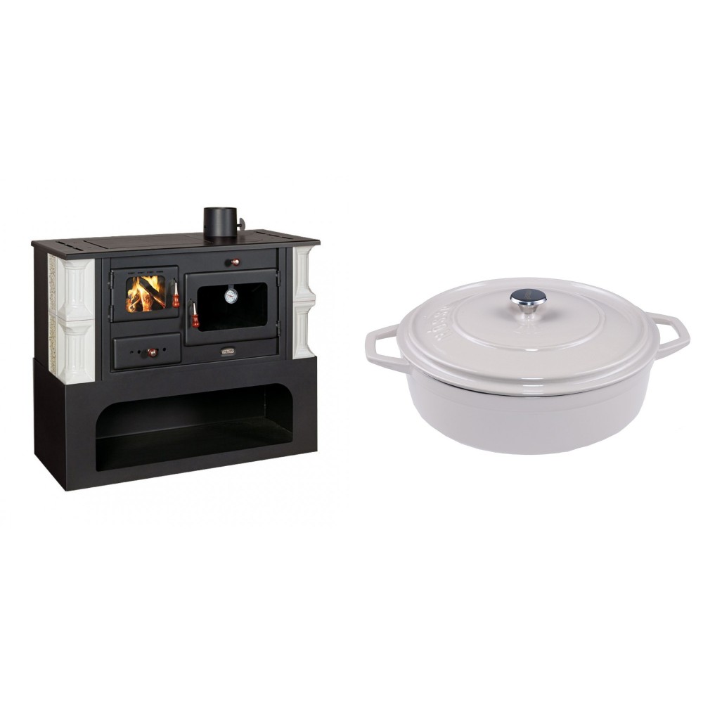 Set Küchenofen / Küchenhexe mit Backofen und Kochplatte Prity, Modell 1P34-K Dantela Rechts, Keramikverkleidung, Leistung 10.1kW + Gusseisen Topf Flach Solagio, Ivory, Ф28