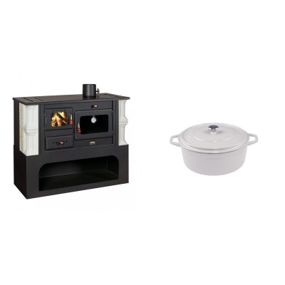 Set Küchenofen / Küchenhexe mit Backofen und Kochplatte Prity, Modell 1P34-K Dantela Rechts, Keramikverkleidung, Leistung 10.1kW + Gusseisen Topf Tiefer Solagio, Ivory, Ф12 - Kaminofen - Holzofen mit Backfach