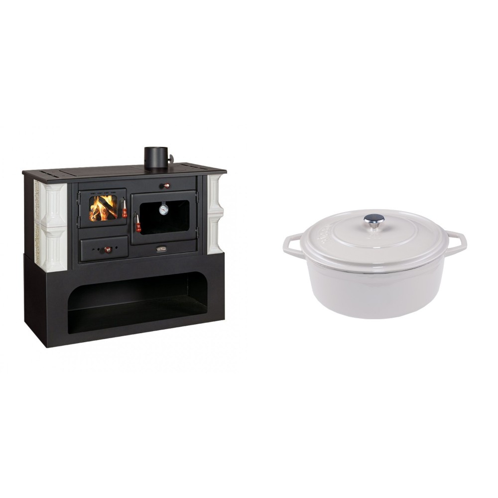 Set Küchenofen / Küchenhexe mit Backofen und Kochplatte Prity, Modell 1P34-K Dantela Rechts, Keramikverkleidung, Leistung 10.1kW + Gusseisen Topf Tiefer Solagio, Ivory, Ф20