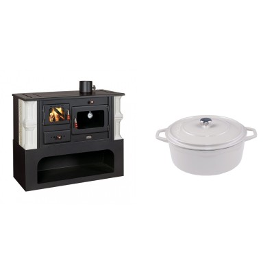 Set Küchenofen / Küchenhexe mit Backofen und Kochplatte Prity, Modell 1P34-K Dantela Rechts, Keramikverkleidung, Leistung 10.1kW + Gusseisen Topf Tiefer Solagio, Ivory, Ф20 - Kaminofen - Holzofen mit Backfach