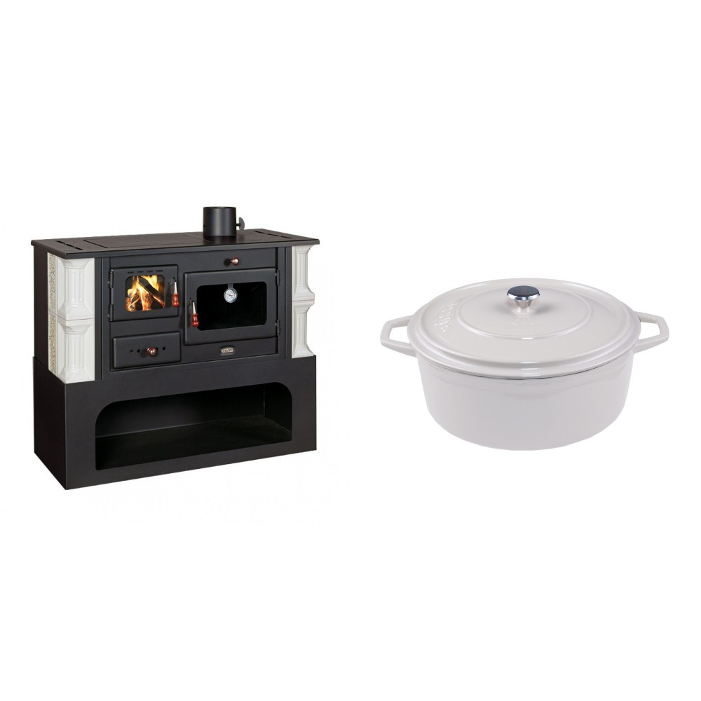 Set Küchenofen / Küchenhexe mit Backofen und Kochplatte Prity, Modell 1P34-K Dantela Rechts, Keramikverkleidung, Leistung 10.1kW + Gusseisen Topf Tiefer Solagio, Ivory, Ф24 | Kaminofen - Holzofen mit Backfach | Kaminofen |