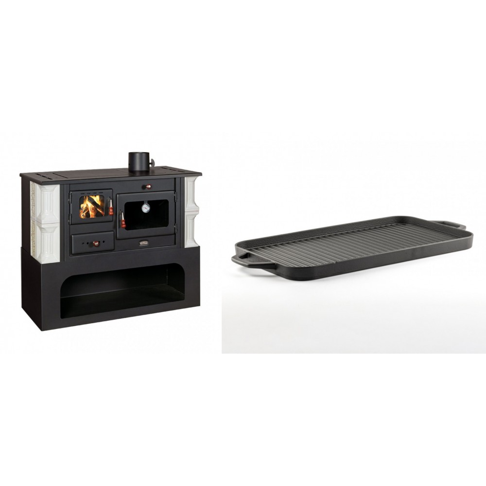 Set Küchenofen / Küchenhexe mit Backofen und Kochplatte Prity, Modell 1P34-K Dantela Rechts, Keramikverkleidung, Leistung 10.1kW + Große Grillplatte aus Gusseisen Solagio, 25x44cm