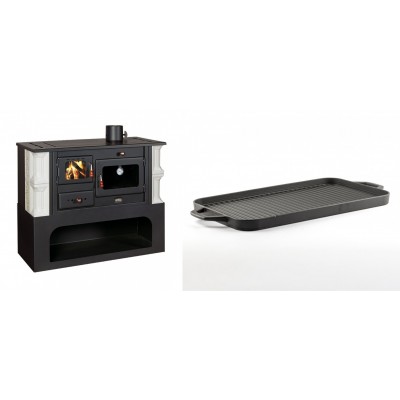 Set Küchenofen / Küchenhexe mit Backofen und Kochplatte Prity, Modell 1P34-K Dantela Rechts, Keramikverkleidung, Leistung 10.1kW + Große Grillplatte aus Gusseisen Solagio, 25x44cm - Kaminofen - Holzofen mit Backfach