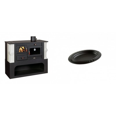 Set Küchenofen / Küchenhexe mit Backofen und Kochplatte Prity, Modell 1P34-K Dantela Rechts, Keramikverkleidung, Leistung 10.1kW + Gusseiserne auflaufform Solagio oval, 17x28cm - Kaminofen - Holzofen mit Backfach