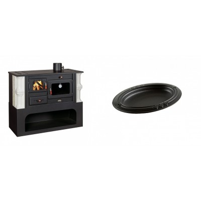 Set Küchenofen / Küchenhexe mit Backofen und Kochplatte Prity, Modell 1P34-K Dantela Rechts, Keramikverkleidung, Leistung 10.1kW + Gusseiserne auflaufform Solagio oval, 25x33cm - Kaminofen - Holzofen mit Backfach