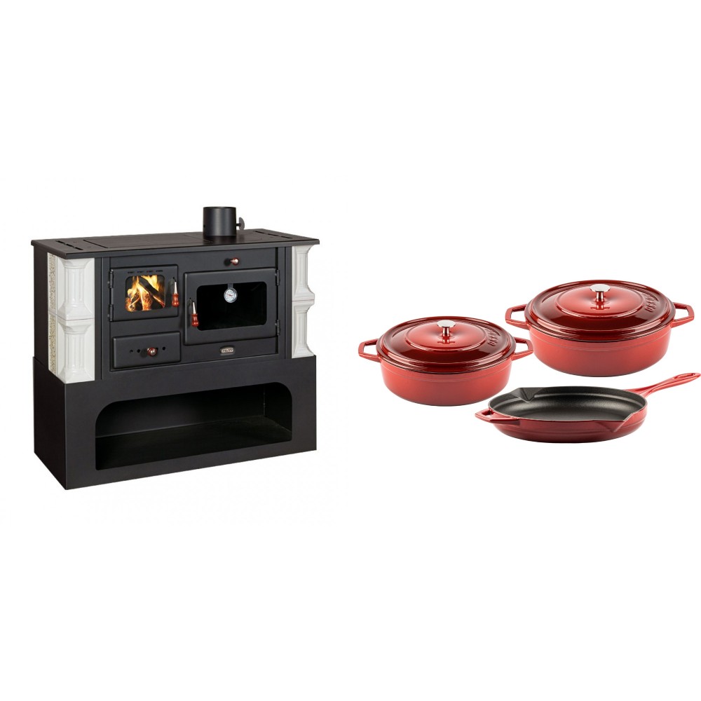 Set Küchenofen / Küchenhexe mit Backofen und Kochplatte Prity, Modell 1P34-K Dantela Rechts, Keramikverkleidung, Leistung 10.1kW + Gusseisen Topf Set aus 3 teilen Solagio, Rubin