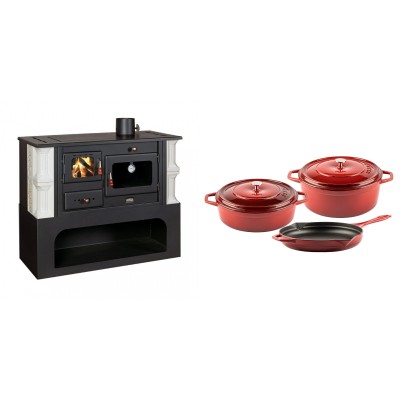 Set Küchenofen / Küchenhexe mit Backofen und Kochplatte Prity, Modell 1P34-K Dantela Rechts, Keramikverkleidung, Leistung 10.1kW + Gusseisen Topf Set aus 3 teilen Solagio, Rubin - Kaminofen - Holzofen mit Backfach