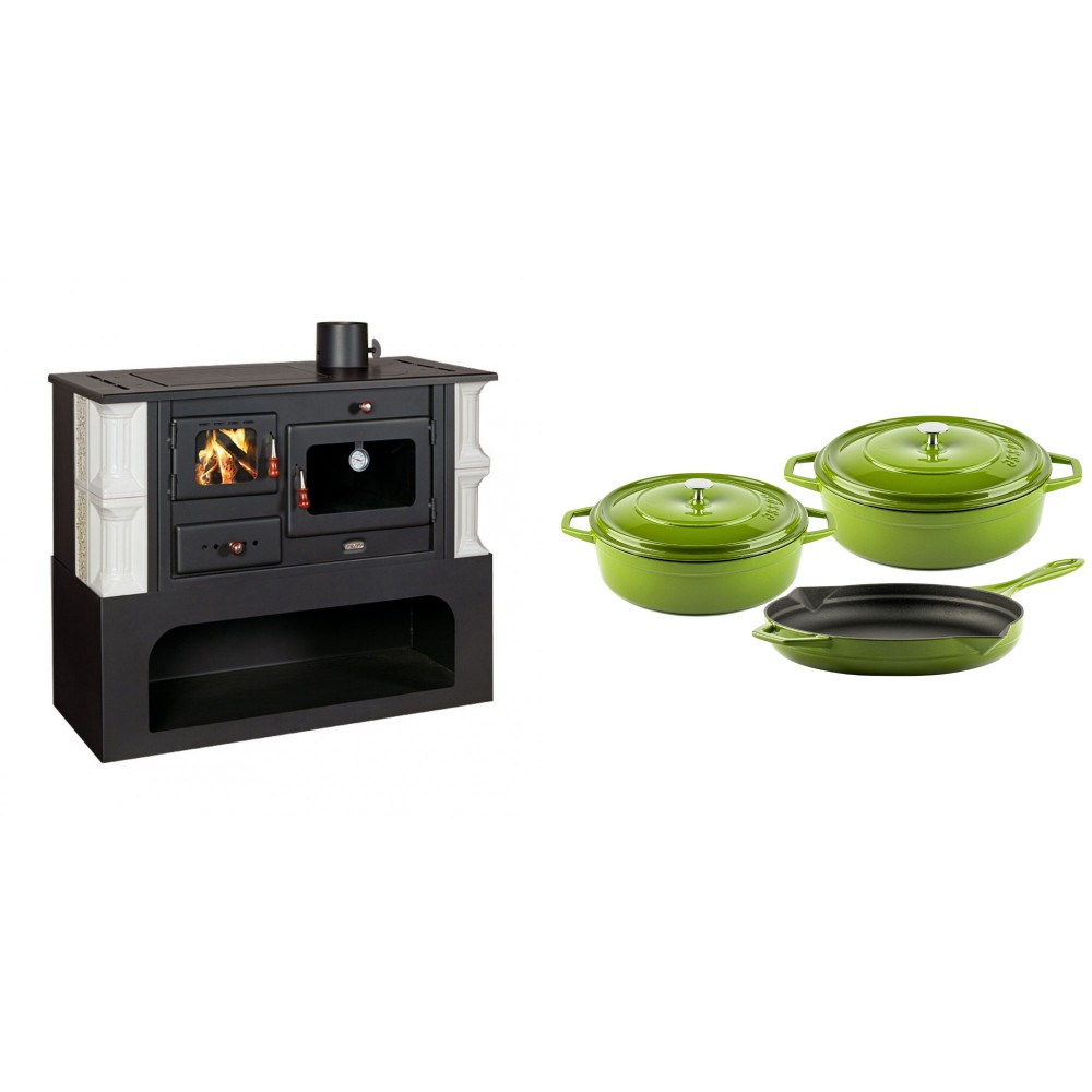 Set Küchenofen / Küchenhexe mit Backofen und Kochplatte Prity, Modell 1P34-K Dantela Rechts, Keramikverkleidung, Leistung 10.1kW + Gusseisen Topf Set aus 3 teilen Solagio, Bamboo | Kaminofen - Holzofen mit Backfach | Kaminofen |