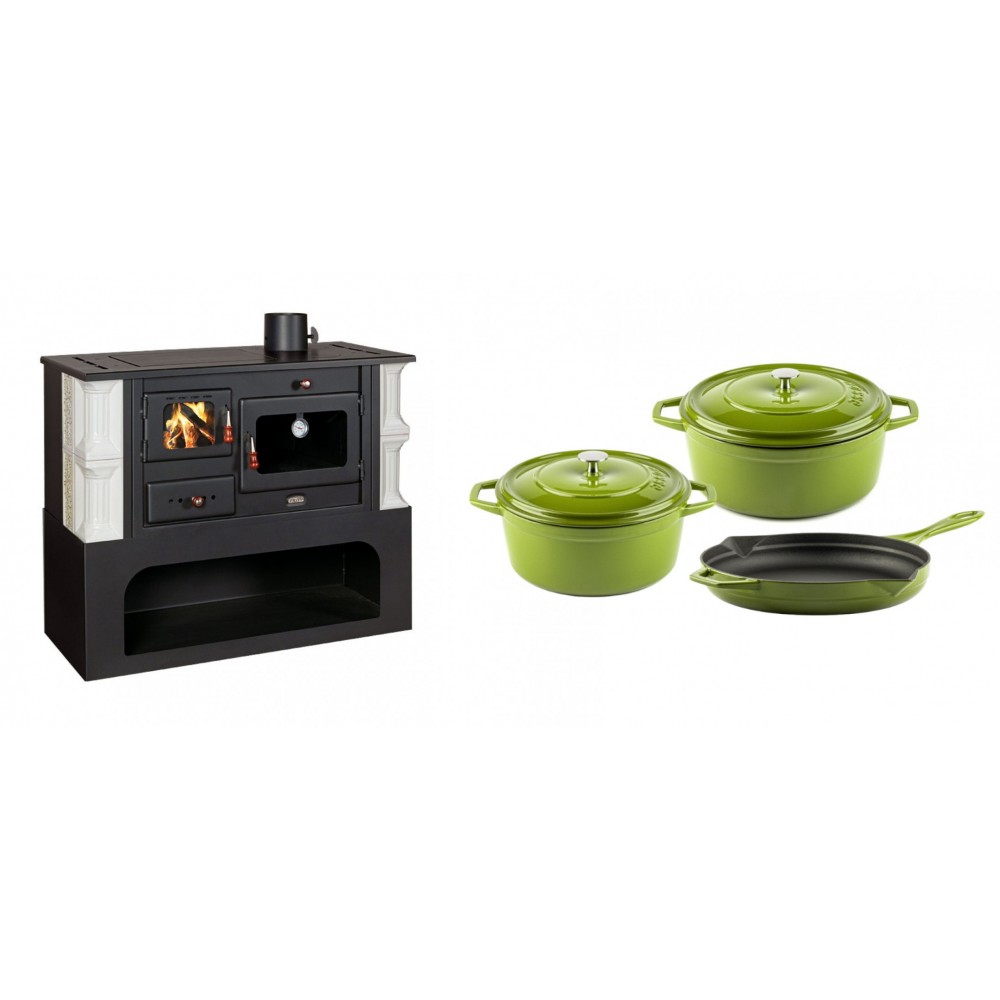 Set Küchenofen / Küchenhexe mit Backofen und Kochplatte Prity, Modell 1P34-K Dantela Rechts, Keramikverkleidung, Leistung 10.1kW + Gusseisen Topf Set aus 3 teilen Solagio, Bamboo | Kaminofen - Holzofen mit Backfach | Kaminofen |