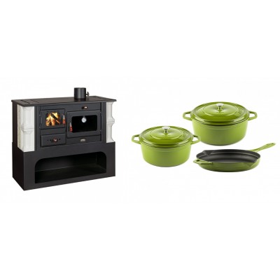 Set Küchenofen / Küchenhexe mit Backofen und Kochplatte Prity, Modell 1P34-K Dantela Rechts, Keramikverkleidung, Leistung 10.1kW + Gusseisen Topf Set aus 3 teilen Solagio, Bamboo - Kaminofen - Holzofen mit Backfach