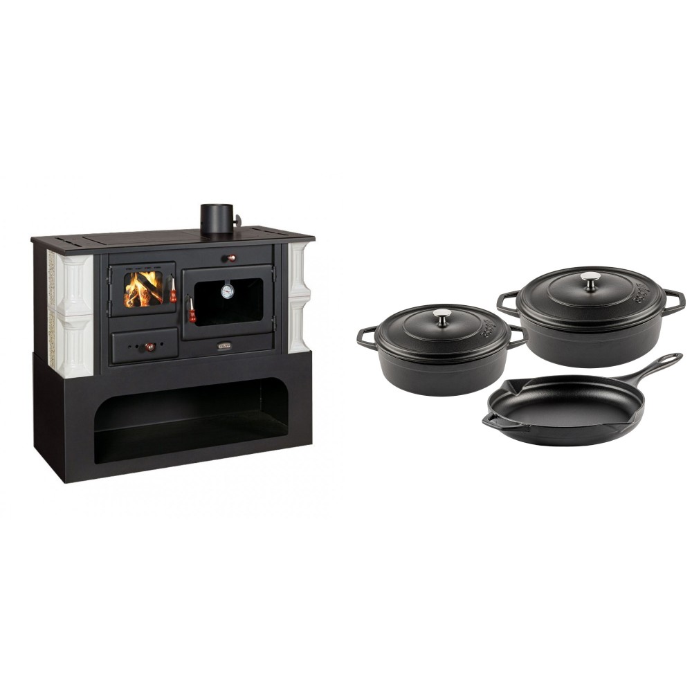 Set Küchenofen / Küchenhexe mit Backofen und Kochplatte Prity, Modell 1P34-K Dantela Rechts, Keramikverkleidung, Leistung 10.1kW + Gusseisen Topf Set aus 3 teilen Solagio, Black Onyx