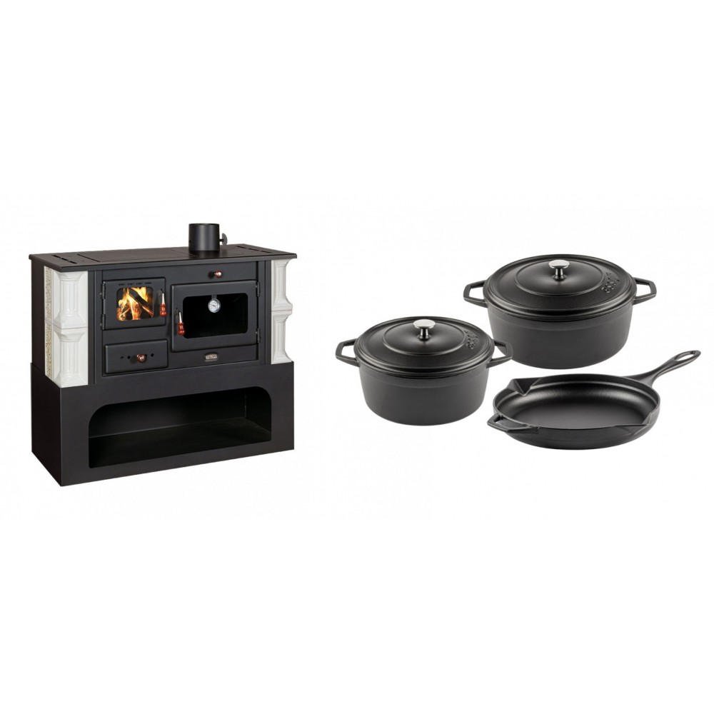Set Küchenofen / Küchenhexe mit Backofen und Kochplatte Prity, Modell 1P34-K Dantela Rechts, Keramikverkleidung, Leistung 10.1kW + Gusseisen Topf Set aus 3 teilen Solagio, Black Onyx | Kaminofen - Holzofen mit Backfach | Kaminofen |