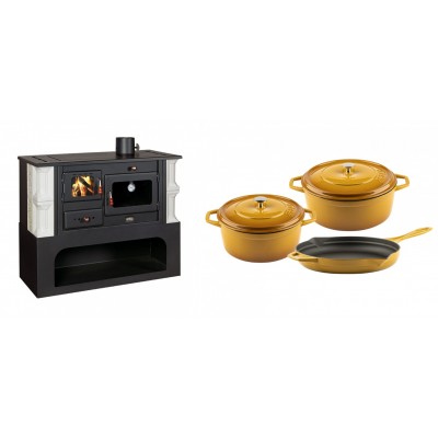 Set Küchenofen / Küchenhexe mit Backofen und Kochplatte Prity, Modell 1P34-K Dantela Rechts, Keramikverkleidung, Leistung 10.1kW + Gusseisen Topf Set aus 3 teilen Solagio, Dijon - Kaminofen - Holzofen mit Backfach