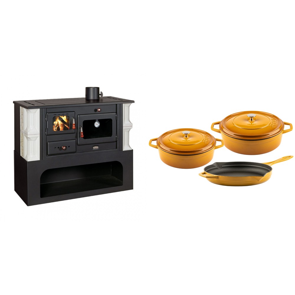 Set Küchenofen / Küchenhexe mit Backofen und Kochplatte Prity, Modell 1P34-K Dantela Rechts, Keramikverkleidung, Leistung 10.1kW + Gusseisen Topf Set aus 3 teilen Solagio, Dijon | Kaminofen - Holzofen mit Backfach | Kaminofen |