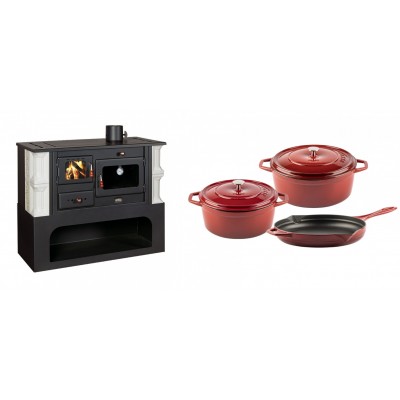 Set Küchenofen / Küchenhexe mit Backofen und Kochplatte Prity, Modell 1P34-K Dantela Rechts, Keramikverkleidung, Leistung 10.1kW + Gusseisen Topf Set aus 3 teilen Solagio, Rubin - Kaminofen - Holzofen mit Backfach