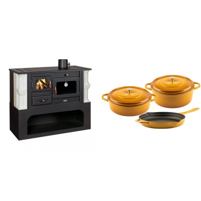 Set Küchenofen / Küchenhexe mit Backofen und Kochplatte Prity, Modell 1P34-K Dantela Rechts, Keramikverkleidung, Leistung 10.1kW + Gusseisen Topf Set aus 3 teilen Solagio, Dijon - Kaminofen - Holzofen mit Backfach