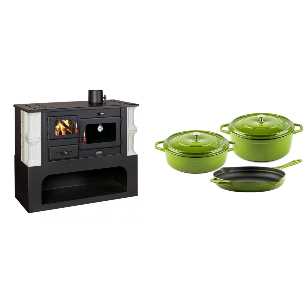 Set Küchenofen / Küchenhexe mit Backofen und Kochplatte Prity, Modell 1P34-K Dantela Rechts, Keramikverkleidung, Leistung 10.1kW + Gusseisen Topf Set aus 3 teilen Solagio, Bamboo