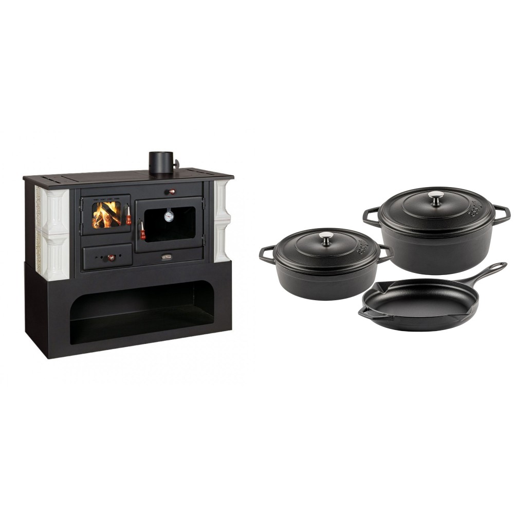 Set Küchenofen / Küchenhexe mit Backofen und Kochplatte Prity, Modell 1P34-K Dantela Rechts, Keramikverkleidung, Leistung 10.1kW + Gusseisen Topf Set aus 3 teilen Solagio, Black Onyx