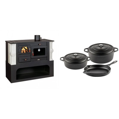 Set Küchenofen / Küchenhexe mit Backofen und Kochplatte Prity, Modell 1P34-K Dantela Rechts, Keramikverkleidung, Leistung 10.1kW + Gusseisen Topf Set aus 3 teilen Solagio, Black Onyx - Kaminofen - Holzofen mit Backfach