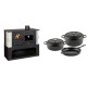 Set Küchenofen / Küchenhexe mit Backofen und Kochplatte Prity, Modell 1P34-K Dantela Rechts, Keramikverkleidung, Leistung 10.1kW + Gusseisen Topf Set aus 3 teilen Solagio, Black Onyx | Kaminofen - Holzofen mit Backfach | Kaminofen |