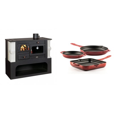 Set Küchenofen / Küchenhexe mit Backofen und Kochplatte Prity, Modell 1P34-K Dantela Rechts, Keramikverkleidung, Leistung 10.1kW + Gusseisen Topf Set aus 3 teilen Solagio, Rubin - Kaminofen - Holzofen mit Backfach