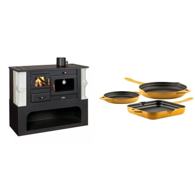 Set Küchenofen / Küchenhexe mit Backofen und Kochplatte Prity, Modell 1P34-K Dantela Rechts, Keramikverkleidung, Leistung 10.1kW + Gusseisen Topf Set aus 3 teilen Solagio, Dijon - Kaminofen - Holzofen mit Backfach