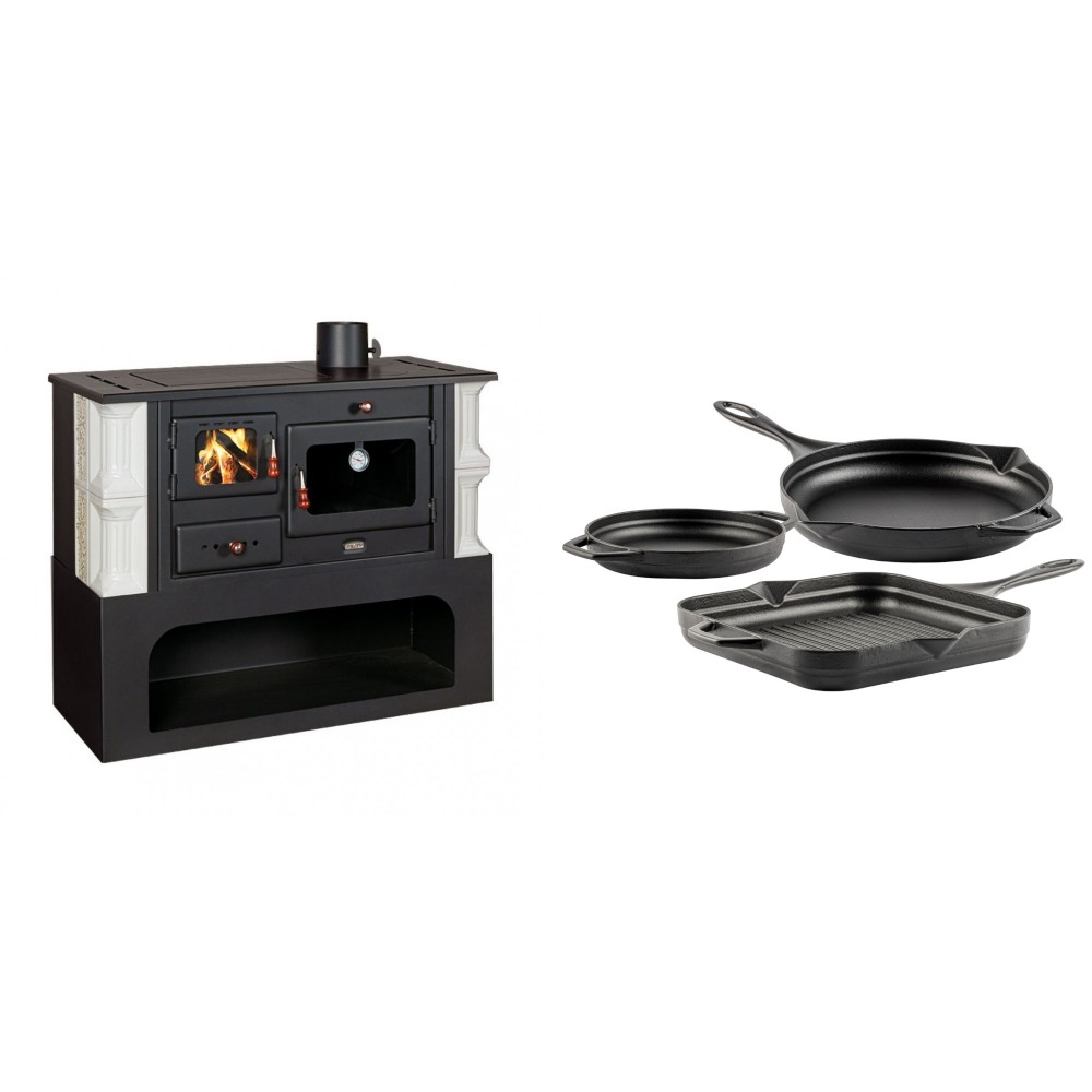 Set Küchenofen / Küchenhexe mit Backofen und Kochplatte Prity, Modell 1P34-K Dantela Rechts, Keramikverkleidung, Leistung 10.1kW + Gusseisen Topf Set aus 3 teilen Solagio, Black Onyx