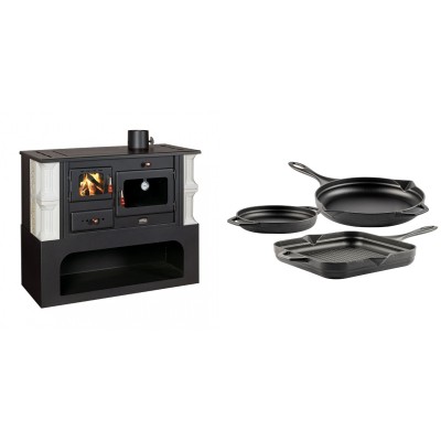Set Küchenofen / Küchenhexe mit Backofen und Kochplatte Prity, Modell 1P34-K Dantela Rechts, Keramikverkleidung, Leistung 10.1kW + Gusseisen Topf Set aus 3 teilen Solagio, Black Onyx - Kaminofen - Holzofen mit Backfach