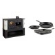 Set Küchenofen / Küchenhexe mit Backofen und Kochplatte Prity, Modell 1P34-K Dantela Rechts, Keramikverkleidung, Leistung 10.1kW + Gusseisen Topf Set aus 3 teilen Solagio, Black Onyx | Kaminofen - Holzofen mit Backfach | Kaminofen |