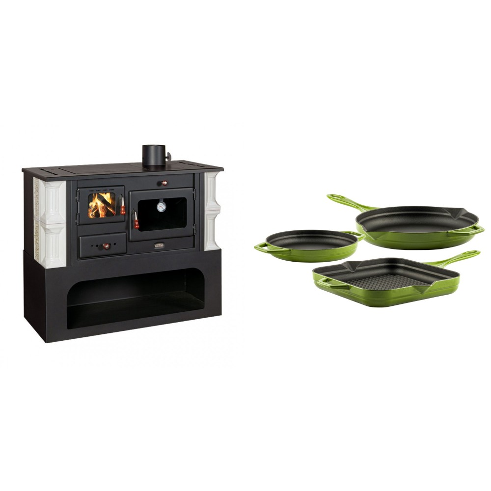 Set Küchenofen / Küchenhexe mit Backofen und Kochplatte Prity, Modell 1P34-K Dantela Rechts, Keramikverkleidung, Leistung 10.1kW + Gusseisen Topf Set aus 3 teilen Solagio, Bamboo | Kaminofen - Holzofen mit Backfach | Kaminofen |