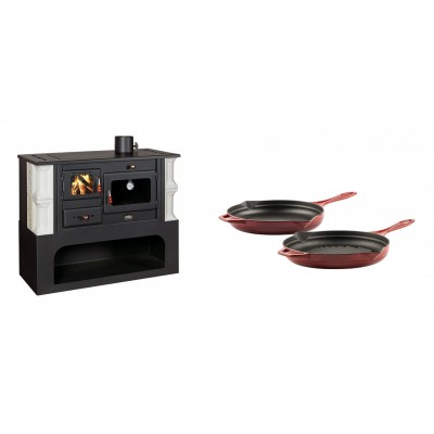 Set Küchenofen / Küchenhexe mit Backofen und Kochplatte Prity, Modell 1P34-K Dantela Rechts, Keramikverkleidung, Leistung 10.1kW + Gusseisen Topf Set aus 2 teilen Solagio, Rubin - Kaminofen - Holzofen mit Backfach