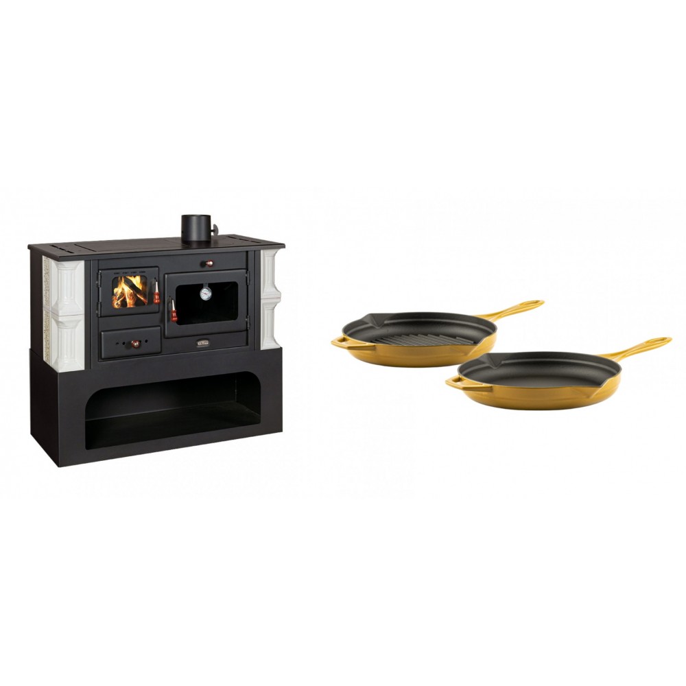 Set Küchenofen / Küchenhexe mit Backofen und Kochplatte Prity, Modell 1P34-K Dantela Rechts, Keramikverkleidung, Leistung 10.1kW + Gusseisen Topf Set aus 2 teilen Solagio, Dijon