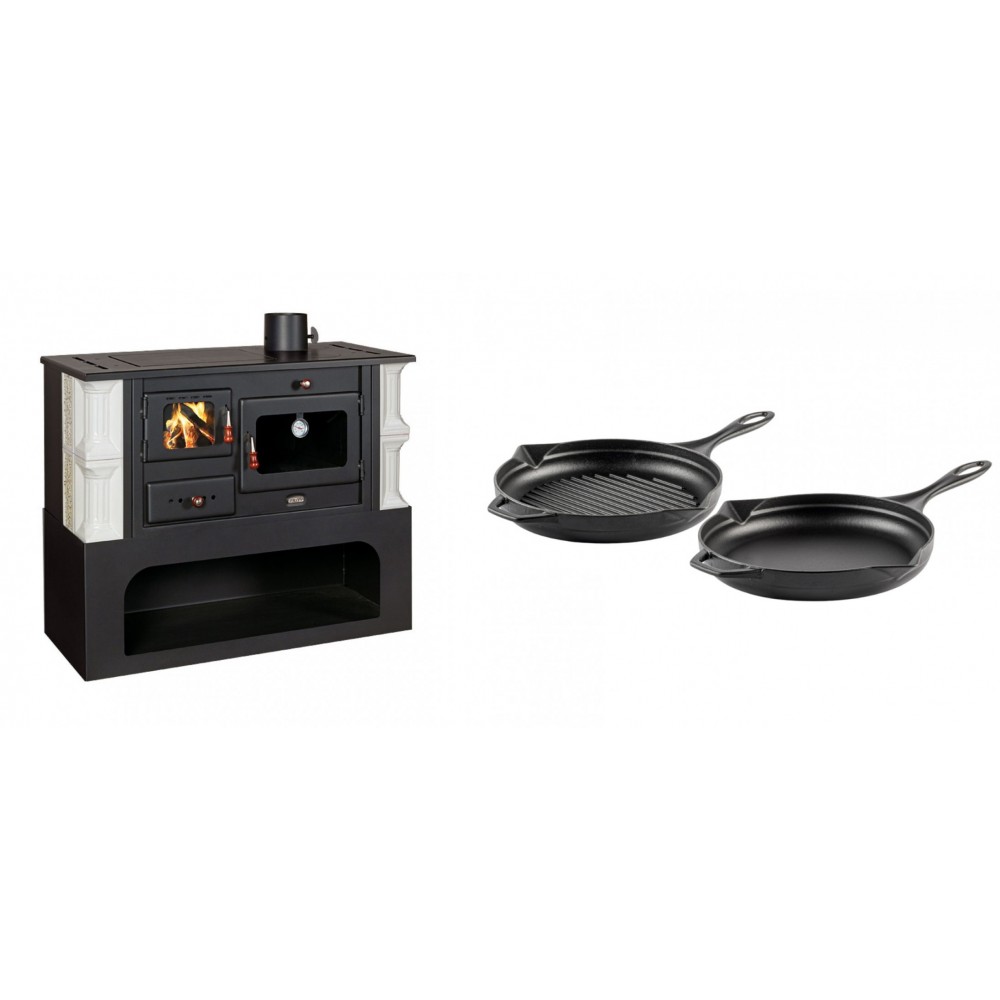 Set Küchenofen / Küchenhexe mit Backofen und Kochplatte Prity, Modell 1P34-K Dantela Rechts, Keramikverkleidung, Leistung 10.1kW + Gusseisen Topf Set aus 2 teilen Solagio, Black Onyx